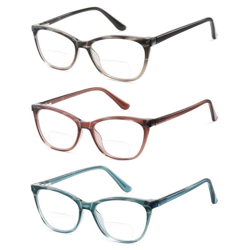 Kafirlo Bifocal Reading Glasses For Women Cat Eye Blue Light Protection Computer Reader Clear Top Ladies Anti Reflective Funky Fashion Travel Eyeglasses Large Head Spring Hinges Red Green 3 Pack 2.25 - Image 1